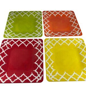 Laurie Gates Set 4 Melamine Square Dinner Plates Red Orange Green Yellow
